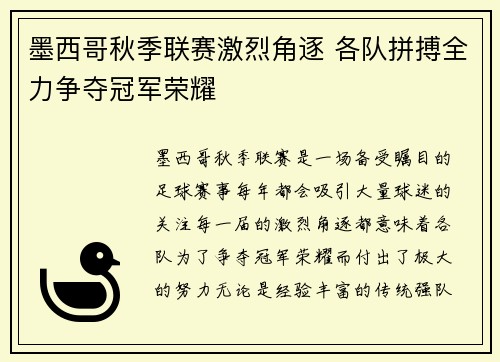 墨西哥秋季联赛激烈角逐 各队拼搏全力争夺冠军荣耀