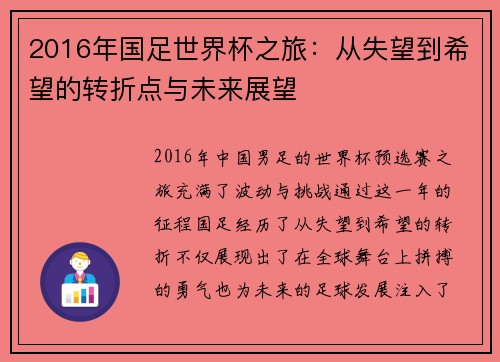 2016年国足世界杯之旅：从失望到希望的转折点与未来展望